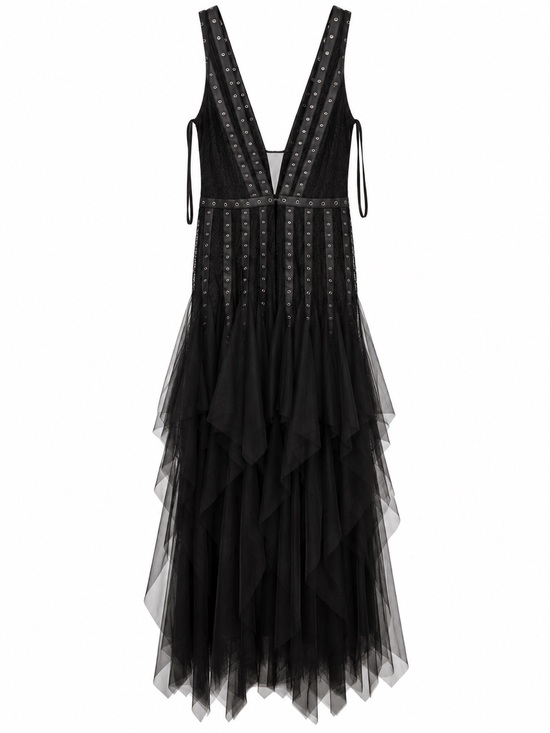 BCBGMaxAzria Dresses & Skirts - BCBG Maxazria  Black Tulle V-Neck Evening Dress with Studded Detail